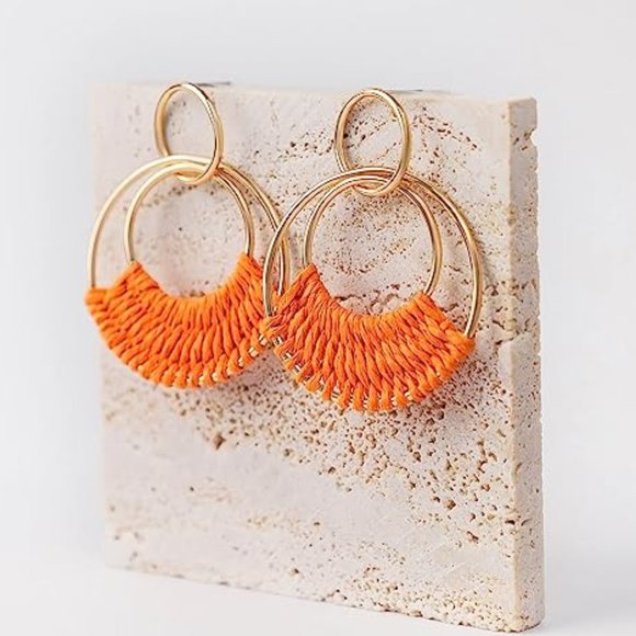 Orange Woven Raffia Gold Hoop Earrings Wicker Hoops Links Post Style Vacay New - Picture 3 of 5
